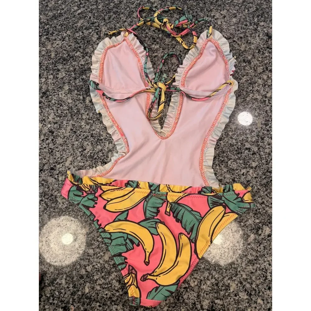 Wildfox Pink Banana Print Ruffle One-Piece Monokini Swimsuit XS/S